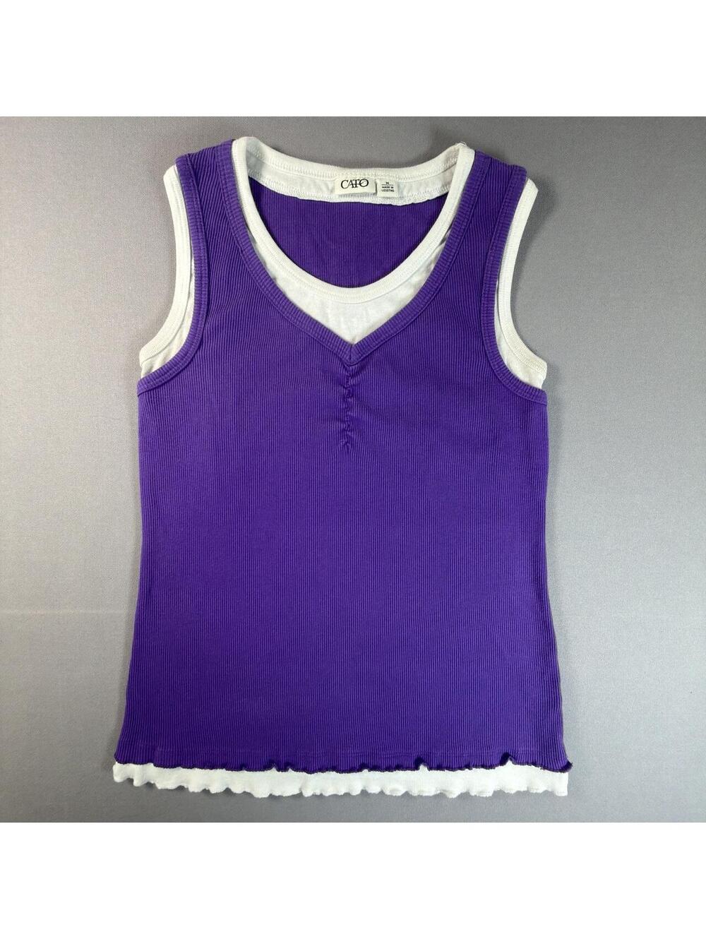 Cato Layered Ribbed Tank Top Purple White V Neck Ruched Cami Womens Medium